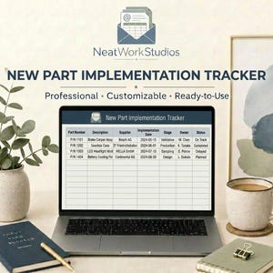 May include: A laptop displaying a New Part Implementation Tracker spreadsheet with columns for part number, description, supplier, date, stage, owner, and status. The screen shows data for four parts including brake calipers and LED headlight modules.