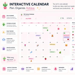 Digital Interactive Calendar | Kawaii Cactus Aesthetic Planner | Stickers Daily Tracker | Instant Download PDF