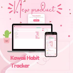 Puede incluir: Un rastreador de hábitos digital en una pantalla de portátil y smartphone, con interfaz rosa, iconos de fresas y corazones. El texto dice New product y Kawaii Habit Tracker, junto a una ilustración de un cactus en una maceta rosa.