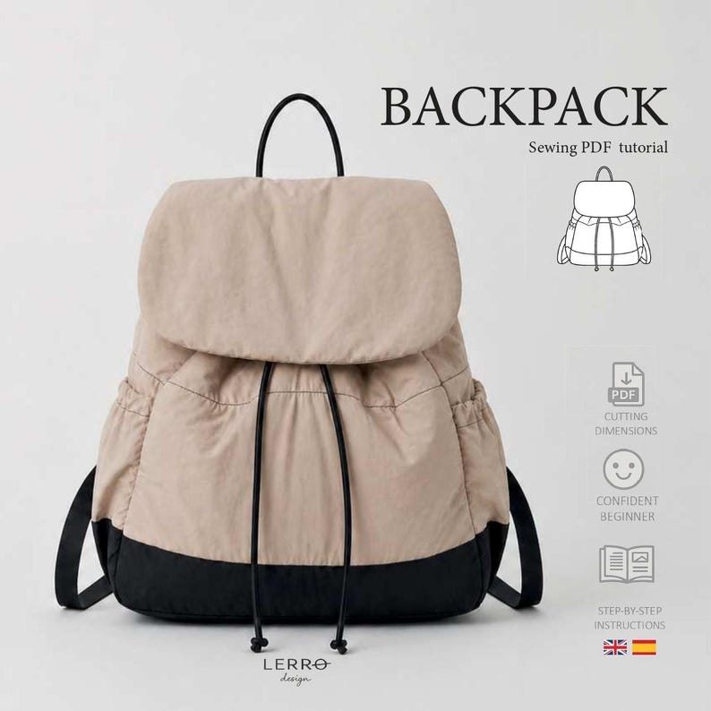 May include: A beige and black backpack with a top flap, black drawstring closure, and black shoulder straps. The text BACKPACK Sewing PDF tutorial is visible, along with icons for cutting dimensions, confident beginner level, and step-by-step instructions.