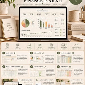 May include: A digital budget finance toolkit spreadsheet displayed on a laptop screen, featuring a dashboard with income, expenses, savings, debt, and net worth trackers, plus pie charts and bar graphs for financial planning and goal tracking.