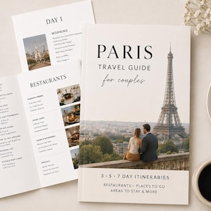 May include: A Paris travel guide for couples featuring a cover with a couple overlooking the Eiffel Tower. The guide includes 3, 5, and 7-day itineraries, restaurant recommendations, and places to stay. The interior pages show day one morning plans.