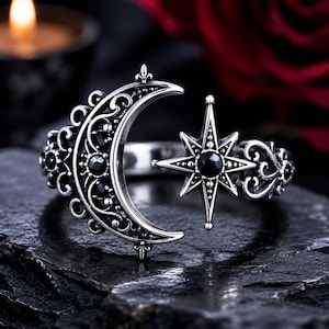 Gothic Crescent Moon Star Ring, Oxidized Silver Filigree, Black Onyx Celestial Jewelry