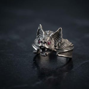 Gothic Bat Ring, Sterling Silver Vampire Jewelry, Red Ruby Eyes, Antiqued Finish