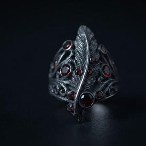 Sterling Silver Feather Ring, Oxidized Filigree Statement, Red Garnet Gothic Jewelry