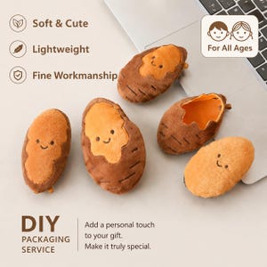 May include: Five plush potato-shaped toys with embroidered smiling faces. The toys feature brown and tan fabric with stitched details. Text on the image includes Soft & Cute, Lightweight, Fine Workmanship, For All Ages, and DIY PACKAGING SERVICE.