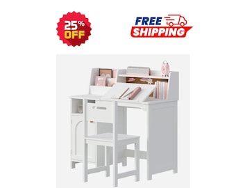 Kids Wooden Study Desk, Chair Set with Desktop & Storage