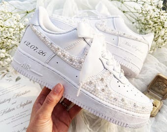 Bridal Sneakers Pearl Rhinestone, White Wedding Shoes for Bride, Custom Personalized Reception Gift
