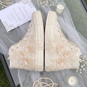 Lace Floral Bridal Wedding Sneakers, Ivory High Top Shoes for Bride, Custom Name Date Comfort Reception Trainers