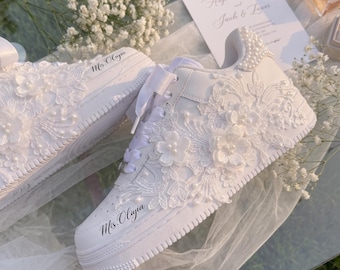 Lace Pearl Bridal Platform Sneakers, White Comfort Wedding Shoes,   Bride Sneakers for Wedding Reception