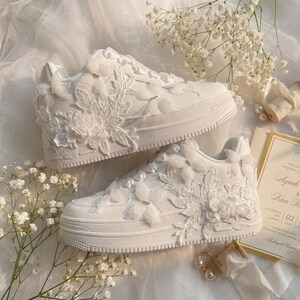 Custom White Platform Bridal Sneakers, 3D Butterfly Lace Wedding Shoes, Personalized  Floral Lace Bride Trainers, for Wedding Reception
