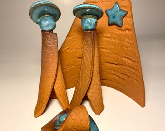 Arizona Nativity Christmas Southwest Creche Turquoise Manger Scene Modern Terra Cotta Holy Family Sedona Red Rock Organic Handmade 5 Pieces