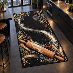 May include: A rectangular kitchen runner rug featuring a black background with a printed design of a wooden rolling pin, a metal whisk, wheat stalks, cinnamon sticks, star anise, and a swirling trail of white flour across the surface.