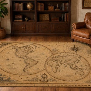 Könnte beinhalten: Ein rechteckiger Teppich mit einer Weltkarte im Vintage-Stil in Sepiatönen. Das Design zeigt zwei große kreisförmige Hemisphären mit den Kontinenten, umgeben von nautischen Kompassmotiven, dekorativen Rändern und Illustrationen von Wellen.