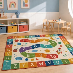 Colorful Educational Alphabet Rug - Fun Learning Kids Room Carpet-Colors Numbers Kindergarten Carpet-Interactive Preschool Mat-Classroom Rug