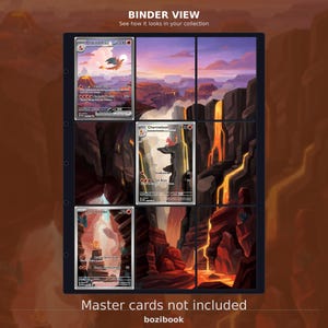 May include: A black trading card binder page with nine slots, featuring three Pokémon cards: Charizard ex, Charmeleon, and Charmander. The background art depicts a continuous volcanic landscape with flowing lava, rocky cliffs, and a sunset sky.