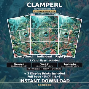 Pode incluir: Um conjunto digital de 8 cartas Clamperl com arte estendida apresentando um recife de coral subaquático. Inclui três tamanhos de carta: padrão 63x88mm, Vault X 68x97mm e top loader 84x114mm, além de três impressões em A4, 5x7 e 4x6 polegadas.