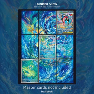 May include: A black trading card binder page with nine slots, featuring blue and yellow water-themed artwork. Three slots contain Pokémon cards, while the others display matching water patterns. Text reads BINDER VIEW and Master cards not included.