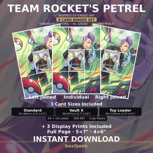 Puede incluir: Un conjunto de descarga digital con arte extendido de Team Rocket's Petrel para una carpeta de 8 cartas. Incluye tres tamaños de tarjeta: Estándar 63x88mm, Vault X 68x97mm, Top Loader 84x114mm, además de impresiones de 5x7 y 4x6 pulgadas.