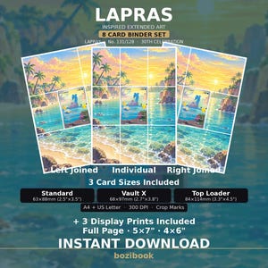 Puede incluir: Un set digital de 8 cartas Lapras con arte extendido que muestra una playa tropical al atardecer. Incluye tres tamaños de carta: Estándar 63x88mm, Vault X 68x97mm y Top Loader 84x114mm, además de tres impresiones en tamaños 5x7 y 4x6.