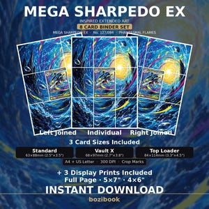 Könnte beinhalten: Ein 8-Karten-Ordner-Set Mega Sharpedo EX mit erweitertem Kunstwerk, blauen Wasserwirbeln und einer zentralen Sonne. Enthält Standard-, Vault X- und Top-Loader-Größen von 63x88mm, 68x97mm und 84x114mm sowie Drucke in 5x7 und 4x6 Zoll.