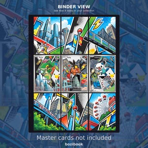 May include: A black nine-pocket trading card binder page featuring a comic book style city background with a blue sky. The page displays three Pokémon cards: Snivy, Tepig, and Oshawott. Text at the top reads BINDER VIEW and at the bottom Master cards not included.