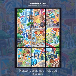 May include: A black plastic binder page with nine pockets containing colourful trading cards featuring cartoon characters like Froakie, Fennekin, and Chespin. The cards display travel-themed illustrations with text including BINDER VIEW and Master cards not included.