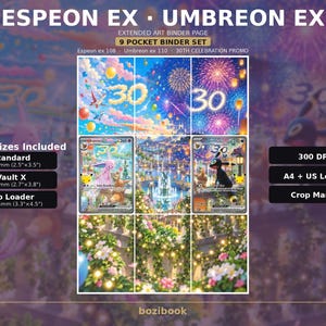 May include: An Espeon EX and Umbreon EX extended art binder page featuring a 9-pocket set design. The image displays a vibrant fireworks scene, character illustrations, and floral details. Text includes 300 DPI, A4 + US Letter, and card sizes 63x88mm, 68x97mm, and 84x114mm.