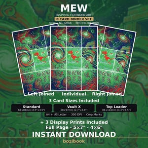 Puede incluir: Un set digital de 8 cartas para archivador con arte extendido inspirado en Mew en tonos verdes y rojos. Incluye tamaños estándar 63x88mm, Vault X 68x97mm y top loader 84x114mm, además de impresiones de 5x7 y 4x6 pulgadas con marcas de corte.