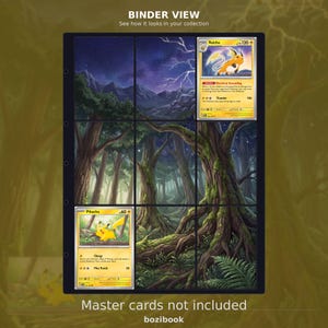 May include: A nine-pocket trading card binder page featuring a continuous forest landscape illustration with lightning in the sky. A Raichu card is in the top right pocket and a Pikachu card is in the bottom left pocket. Text reads BINDER VIEW.