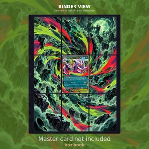 May include: A nine-pocket trading card binder page featuring a continuous, swirling green and red cosmic background with floating dark stone structures and a central Mega Gengar EX card. The text BINDER VIEW and Master card not included appear.