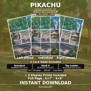 Peut inclure: Un ensemble de 8 cartes à relier avec art étendu inspiré de Pikachu, représentant une scène de ville avec des arbres et des bâtiments. L'ensemble inclut trois formats de cartes : standard 63x88mm, Vault X 68x97mm et top loader 84x114mm, plus des impressions 13x18cm et 10x15cm.