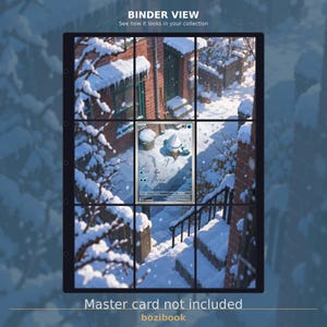 May include: A black nine-pocket trading card binder page featuring a snowy residential scene with a brick house and a central Snover Pokémon card. The text BINDER VIEW and Master card not included are printed on the page.