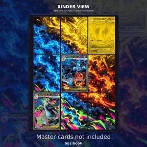 May include: A black plastic trading card binder page with nine slots, featuring three visible Pokémon cards and six decorative inserts with blue and orange flame patterns. The text BINDER VIEW and Master cards not included are visible.