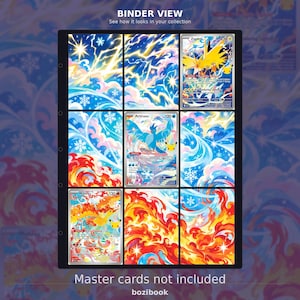 May include: A black plastic trading card binder page containing nine slots. Three slots feature Pokémon cards depicting Zapdos, Articuno, and Moltres, while the remaining six slots display colorful, artistic background illustrations of lightning, ice, and fire.