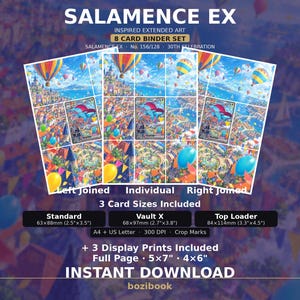 Può includere: Un set digitale di 8 carte ispirato a Salamence EX con una vivace scena cittadina e mongolfiere. Include testo per le dimensioni delle carte: Standard 63x88mm, Vault X 68x97mm, Top Loader 84x114mm, oltre a stampe da esposizione e download immediato.