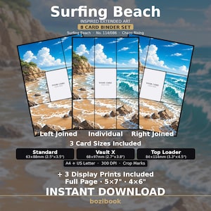 May include: A digital Surfing Beach 8 card binder set featuring extended art of a coastal scene with blue ocean waves, sandy shores, and white clouds. Includes three card sizes: standard 2.5x3.5 inches, Vault X 2.7x3.8 inches, and top loader 4.5x3.3 inches.