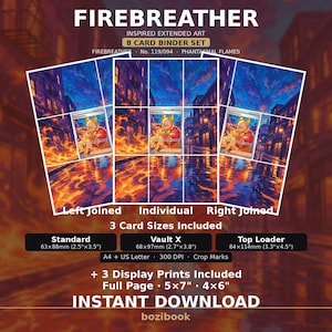 Peut inclure: Un ensemble de 8 cartes Firebreather à art étendu montrant un personnage en tenue rouge parmi des flammes dans une rue. Inclut des formats standard 63x88mm, Vault X 68x97mm, top loader 84x114mm, ainsi que des impressions 12,7x17,8cm et 10,2x15,2cm.