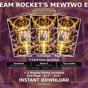 Könnte beinhalten: Ein digitales Dateiset mit dem Titel Team Rocket's Mewtwo EX, das ein 8-Karten-Binder-Set mit erweiterter Kunst enthält. Drei Kartengrößen: Standard 63x88mm, Vault X 68x97mm, Top Loader 84x114mm, sowie drei Drucke in 13x18cm und 10x15cm.