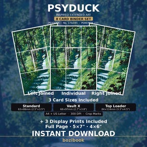 Könnte beinhalten: Ein digitales Set mit 8 Kartenhüllen im Psyduck-Design mit erweitertem Bild. Enthält drei Kartengrößen: Standard 63x88mm, Vault X 68x97mm und Top Loader 84x114mm. Zudem drei Display-Drucke in voller Seitengröße, 13x18cm und 10x15cm.