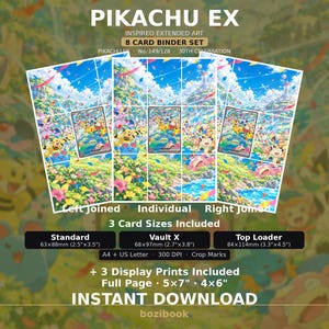 May include: A digital Pikachu EX inspired extended art 8 card binder set featuring a vibrant landscape illustration with various creatures. Includes three card sizes: Standard 63x88mm, Vault X 68x97mm, and Top Loader 84x114mm, plus three display prints.