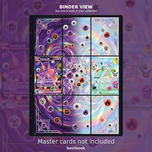 May include: A black plastic trading card binder page with nine slots, featuring a holographic purple and blue swirl background. Two Pokémon trading cards are inserted, with the text BINDER VIEW and Master cards not included printed on it.