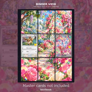 May include: A black binder page containing nine slots, displaying a continuous floral garden scene with pink and white roses. Two trading cards are inserted: an Eevee card on the left and a Sylveon card on the right. Text reads BINDER VIEW and Master cards not included.