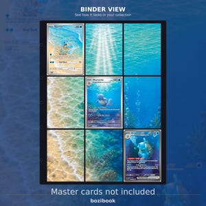 Könnte beinhalten: Eine schwarze Sammelkarten-Binderseite mit neun Fächern und einem panoramischen Hintergrund im Wasser-Design. Die Seite zeigt drei Pokémon-Karten: Squirtle, Wartortle und Blastoise, die diagonal angeordnet sind. Der Text oben lautet BINDER VIEW und unten Master cards not included.