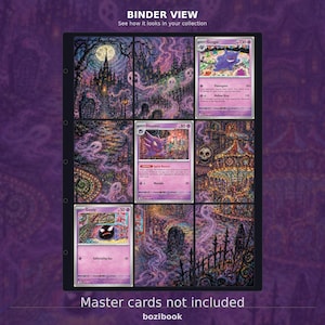 May include: A nine-pocket trading card binder page featuring a continuous purple and black illustration of a haunted landscape with ghosts, a castle, and a carousel. Three Pokémon cards, Gengar, Haunter, and Gastly, are inserted into the slots.