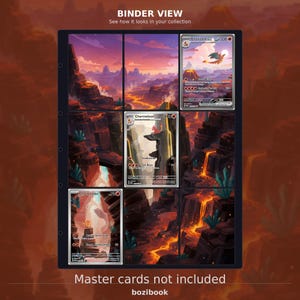 Puede incluir: Una página de carpeta de plástico negro para tarjetas coleccionables con nueve bolsillos, con una ilustración continua de paisaje volcánico. Tres cartas Pokémon insertadas muestran a Charizard, Charmeleon y Charmander. Texto: BINDER VIEW y Master cards not included.