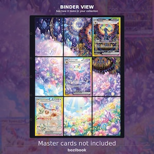 May include: A black trading card binder page featuring nine slots, with three slots containing illustrated Pokémon cards and six slots displaying decorative floral and crystal artwork. The text BINDER VIEW and Master cards not included bozibook appear.