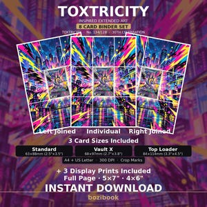 Peut inclure: Un ensemble de 8 cartes à relier inspiré de Toxtricity avec un paysage urbain vibrant aux effets d'éclairs néon roses, bleus et jaunes. Inclut des tailles standard 63x88mm, Vault X 68x97mm, top loader 84x114mm, ainsi que des impressions 12,7x17,8cm et 10,2x15,2cm.