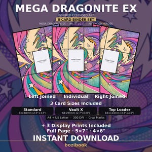 May include: Mega Dragonite EX inspired extended art 8 card binder set featuring a colourful comic-style graphic with pink, blue, and yellow swirls and stars. Includes standard, Vault X, and top loader sizes with 3 display prints in 12.7x17.8cm and 10.2x15.2cm.