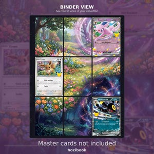 Puede incluir: Una página de carpeta para tarjetas coleccionables de nueve bolsillos con una ilustración continua de prado floral. La página muestra tres cartas Pokémon: Espeon VMAX, Eevee y Umbreon VMAX. El texto superior dice BINDER VIEW y el inferior Master cards not included.